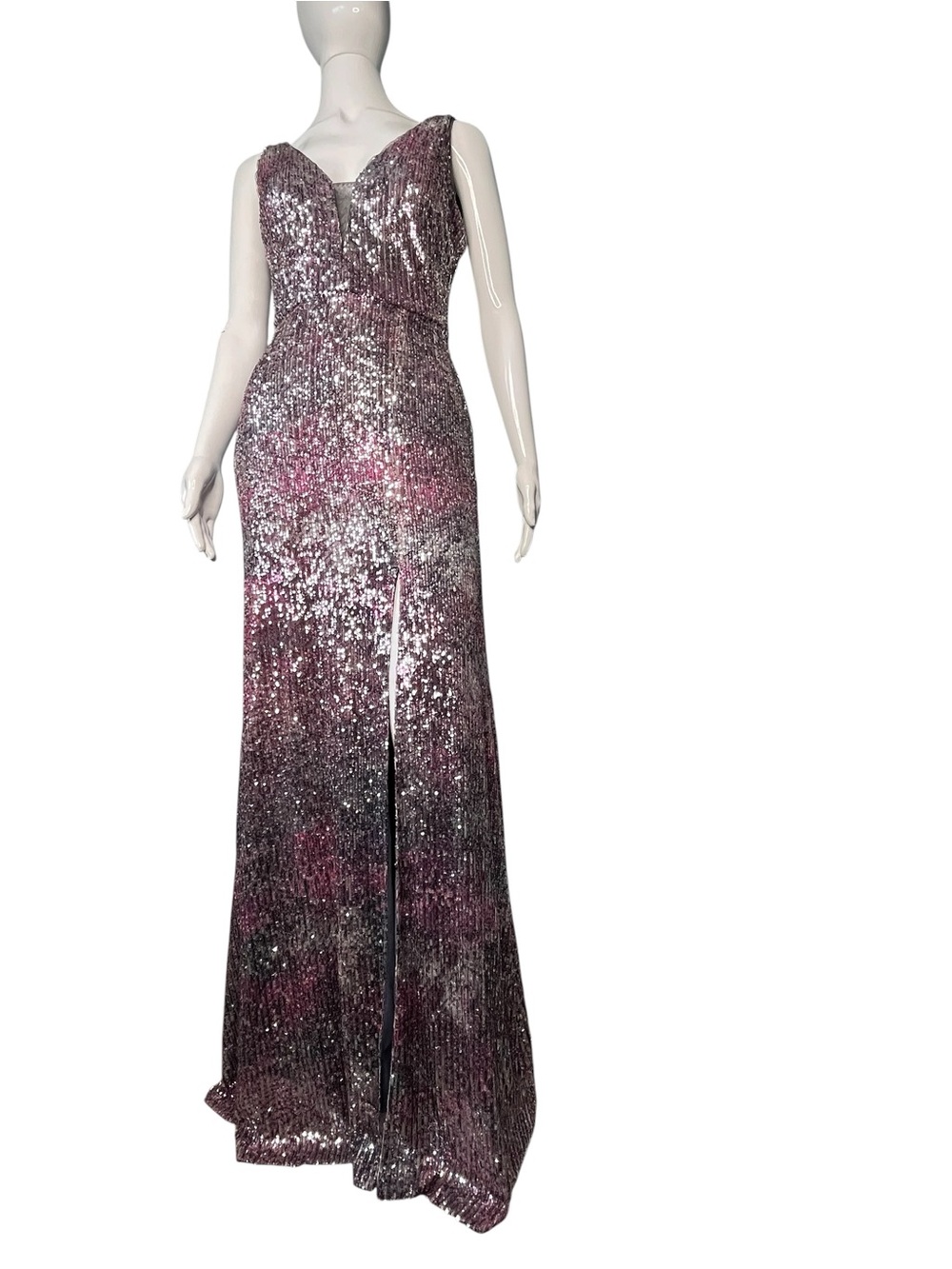 Aqua Silver Grey/Mulberry Ombre Sequin Sleeveless V-Neck Evening Dress Gown Sz 8